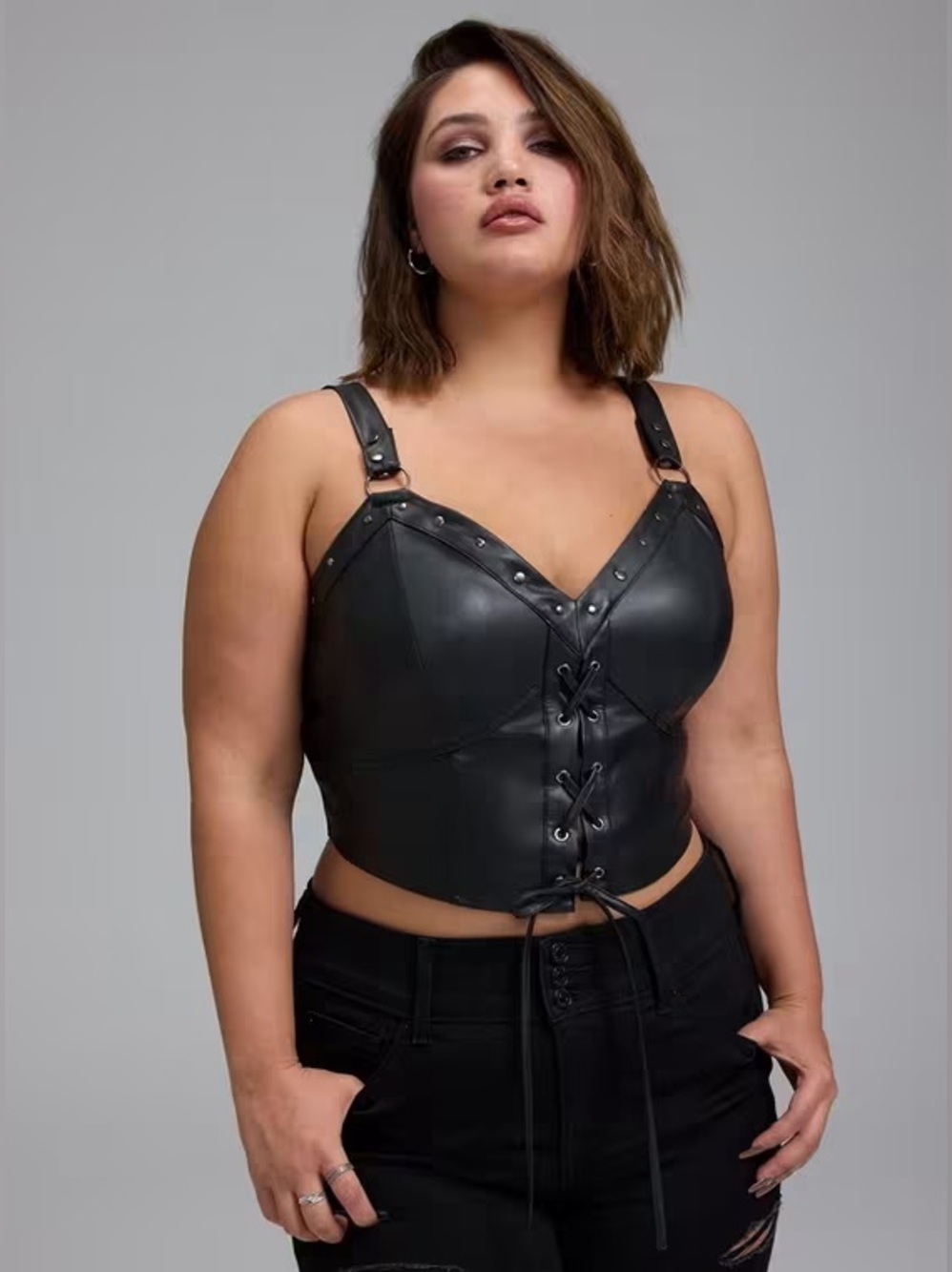 Nightfall by Torrid Black Faux Leather Lace-Up Corset Camisole